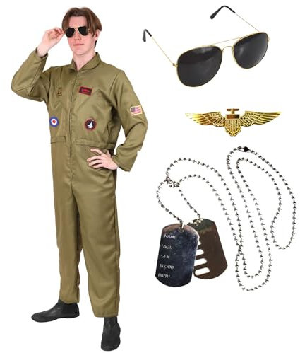 I LOVE FANCY DRESS Adults VE Day Pilots Aviator Costume - Small - Air Pilot Jumpsuit Men Pilot Costume Aviator Jump Suit, Sunglasses, Pilot Badge & Dog Tags