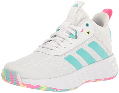 adidas Chaussures de basket-ball Ownthegame 2.0 unisexes pour enfant, Blanc/turquoise flash/rose lucide, 6.5 Big Kid