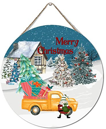 Holzschild mit Aufschrift Merry Christmas Tree, personalisierbar, für Veranda, roter LKW und Bäume, Bauernhaus-Schild, Hängeschild für Zuhause oder Büro, Dekoration, 30,5 x 30,5 cm, rund