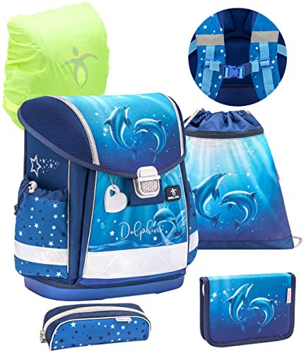 Belmil Schulranzen Set 5 - teilig ergonomischer Schulranzen Set mit Regenschutz 1. klasse 2. klasse 3. klasse - Super Leicht 930-990 g/Grundschule (Dolphins)