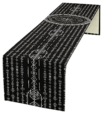 kikomia Baumwolle Leinen Wikinger Tischläufer Rechteckige Wikinger Futhark Runen Tischdecke Kommode Schal für Hochzeiten Party Urlaub Tischdekoration Abdeckung Tischplatte (33×229cm, White)
