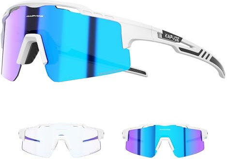 KAPVOE Selbsttönend Fahrradbrille Photochromatische UV400 Schutz Klar Sportsonnenbrille für Herren Damen Sport Radfahren MTB Radbrille Sportbrille Fahren Baseball Laufen Angeln Golf klar Weiß 06
