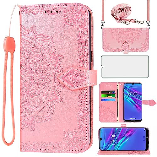Asuwish Funda Mandala para Huawei Y6 2019/Y6s/Honor 8A con Cuerda y Cristal Protector de Pantalla Tarjetero Plegable Cadena Cuero Hawaii 6Y Pro 2019 JAT-L41 MRD-LX1 Carcasa Case Oro Rosa