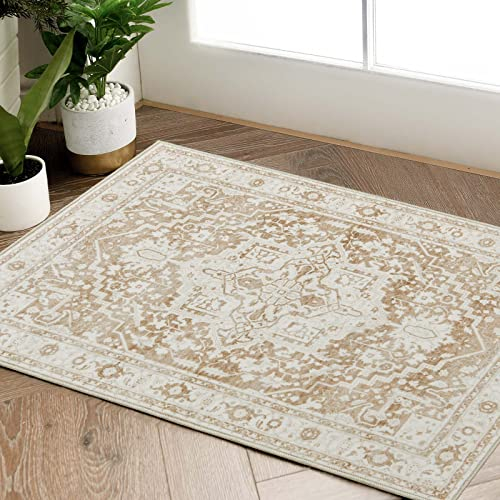 TOPICK Door mat Washable 60x90cm Taupe Entryway Soft Rug Indoor Vintage Print Small Doormat Thin Lightweight Non Slip Carpet for Kitchen Bathroom
