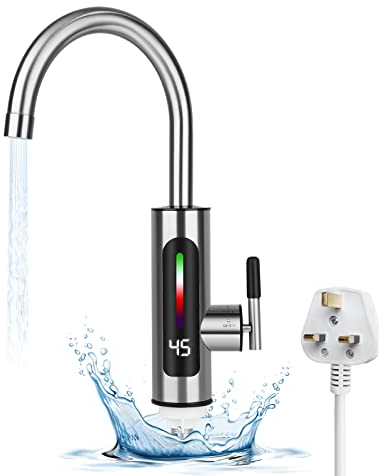 Instant Hot Water Tap, 220V 3000W Electric Hot Water Heater Tap, Stainless Steel Electric Hot and Cold Mixer Water Taps with Digital Display for Kitchen Bathroom Washroom, UK Plug