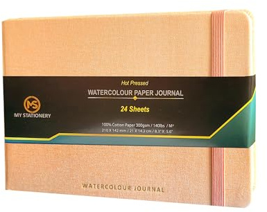 A5 Aquarellblock Heißgepresstes Papier Skizzenbuch Leinenstoff Hardcover Faden genäht Bindung Papier Journal 63,5 kg (300 g/m²) 100% Baumwolle Off-White Papier Skizzenbuch 24 Blatt - Pfirsich-Cover