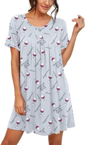 PrinStory Robe De Nuit Chemise De Nuit Plissée À Manches Courtes Et Encolure Dégagée pour Femme (Verres À Vin, XL)