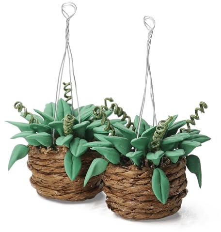 Odoria 1/12 Scale Dolls House Miniature Plants in Hanging Basket Mini Plant Miniatures Dollhouse Decoration Accessories, 2Pcs Dark Green