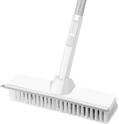 Floor Scrubbing Brush, 2-in-1 Floor Scrub Brush with Long Handle, 9 INCH Stiff Bristle Brush with Squeegee for Bathroom Shower Indoor Cleaning, Deck Scrubber for Garage,Kitchen,Tile and Wall