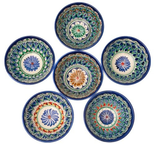 PODARI 6 Keramikschalen 600 ml Kosa Ø 16 cm Machrob Blau - Traditionelle Usbekische Keramikschüsseln mit handbemaltem Design | Salatschüsseln | Schale Bunt Keramik