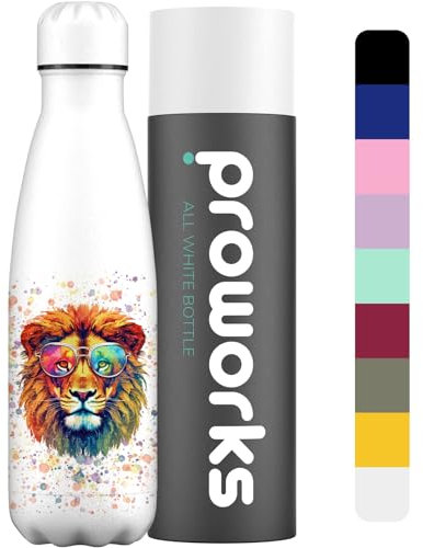 PROWORKS Bouteille d'eau Isotherme réutilisable en Acier Inoxydable sans BPA, Chaude Pendant 12 Heures et Froide jusqu'à 24 Heures, Sport, Salle de Sport, 500ml, éclaboussures de Peinture, Lion