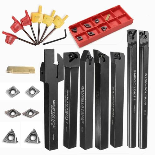 Maizoon Set di 7 barre di alesatura per tornio CNC CLCR da 10 mm + 7 inserti in carburo + 7 chiavi per tornio DZ17