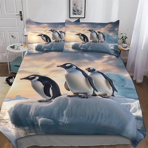 PAZZK Pinguin Bettwäsche-Set, 3D Motiv, Bettbezug 2teilig Mit Kopfkissenbezug Für Jungen Mädchen Schlafzimmer Atmungsaktiv Mikrofaser Deckenbezug Single (135x200cm)