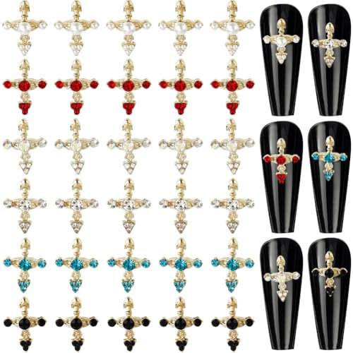 CRASPIRE 36Pcs 6 Colors Cross Nail Charms 3D Y2K Metal Alloy Rhinestone Flat Luxury Gems Set Gothic Vintage Punk Studs Decor for Women Art Crafts DIY Jewelry Christmas Decorations Cellphone