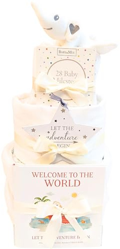 New Born Baby Gift Unisex Gift for New Baby and New Parents Elephant White Safari New Baby Gift Hamper Nappy Cake Set