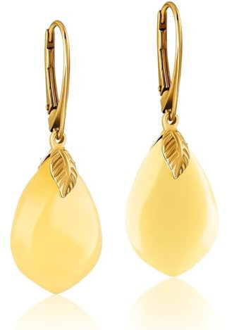 Amber by Mazukna - Bernstein Ohrringe Gelb - Eleganter Bernstein-Schmuck Hängend mit goldenem Fitting für Damen, Tropfenförmige Amber-Ohrringe, Damenschmuck, 43x15mm 5,5g