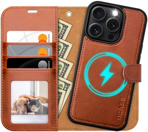 OCASE iPhone 16 Pro Hülle(2in1) Leder Stoßfestes Case, Abnehmbare magnetische Hülle, MitHandschlaufe, Kabelloses Laden, Kartenfach, Standfunktion, Handyhülle RFID Schutzhülle Klapphülle Braun