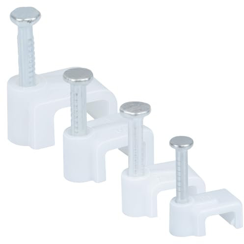 LeMotech 400pcs Cable Clips 5/7/8/10mm Flat Cable Nail Clips Cable Tacks Wire Wall Clips with Steel Nails for Cable Cord Management RG6 RG59 CAT5 CAT6 RJ45 Electrical Ethernet Coaxial Clamps, White