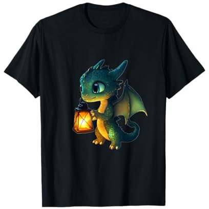 Adorable dragón verde sosteniendo una linterna en la noche Camiseta