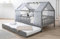 TiCAA Hausbett mit Tüll Kim 90x200 cm, 100x200 cm, 120x200 cm, 140x200 für Jungen & Mädchen, inkl. Rolllattenrost, Zusatzbett und Rausfallschutz variabel, Hellgrau aus Kiefer Massivholz
