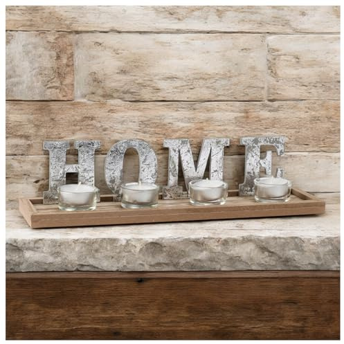 Teelichthalter Home Dekotablett Kerzenhalter mit Windlichtern Kerzenhalter Set 34,5 x 8,5 cm Tischdekoration Silber braun Holz Schriftzug