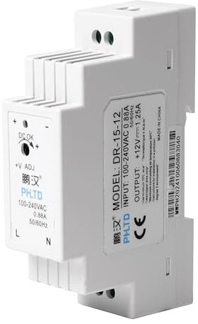 Stonenect Transformateur d'alimentation DC 12 V 1,25 A 15 W DR-15-12 sur rail DIN, alimentation modulaire montable pour automatisation industrielle, boîtes de distribution, instrumentation