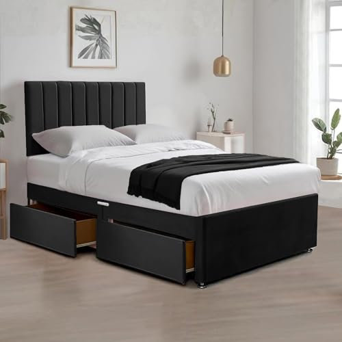 BED TIME UK - Luxe Plush Divan Bed Set | Premium Bed Frame with Spring Memory Foam Mattress & Stylish 20 Vertical Liner Headboard | 2-Drawer Storage (Black, 5FT King Size Bed)