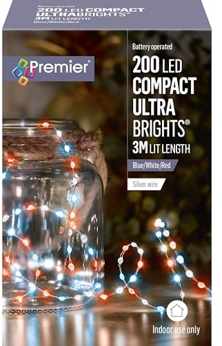 Premier Decorations 200 Blue White Red LED Compact Ultrabright Silver Wire Battery Operated Lights 3m Lit Length