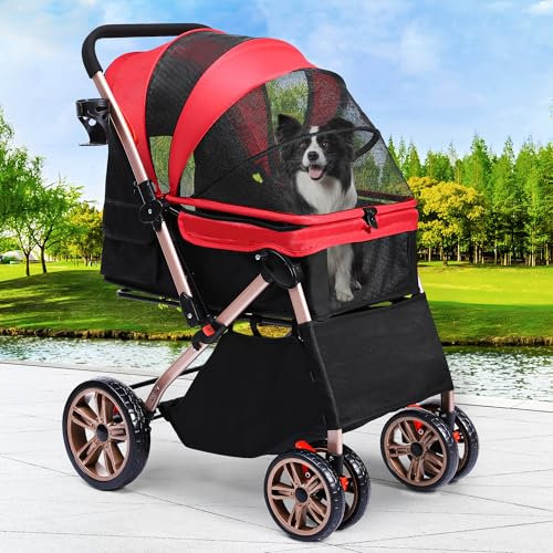 YITAHOME Hundebuggy Hundewagen klappbar für Hunde & Katzen, Haustierbuggy bis 22 kg mit umkehrbarem Griff, Netzfenstern, Getränkehalter, 360° drehbare EVA-Räder mit Bremsen (Rot)