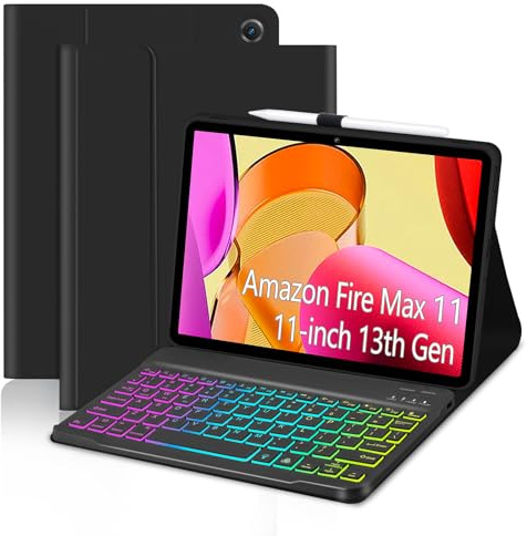 EAMPANG Case with Keyboard for Amazon Fire Max 11 inch (13th Generation, 2023 Release),7 Color Rainbow Backlit Detachable Type-C Charging Keyboard Magnetic Case Pen Holder 13th Gen-Black with Black