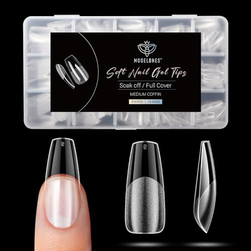 Modelones Medium Coffin Nail Tips -510Pcs Medium Nail Tips for Gel Extensions Half Matte Full Cover Clear Acrylic Gel Kit False Press on Nails Manicure Salon DIY at Home 15 Sizes