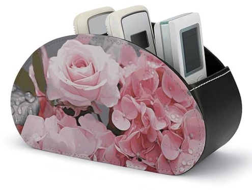 HETVBNS PU Leather Remote Control Holder Pink Rose Hydrangea Remote Control Storage Box With 5 Compartments Desktop Caddy Storage Organizer Minimalism TV Remote Caddy