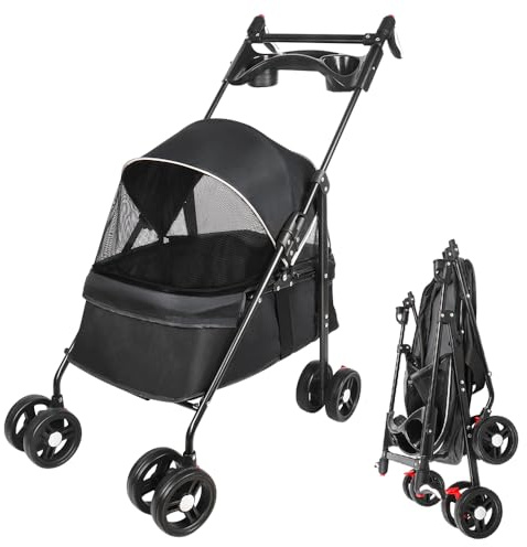 Tier-Reisekinderwagen, 25 kg, Hundebuggy, mit Aufbewahrungstasche und Regenhülle, Buggy für Hunde, Pet Stroller mit Getränkehalter, 50 x 70 x 95 cm, Schwarz