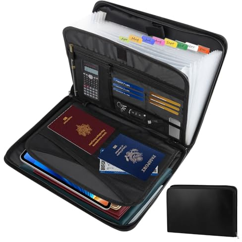 Dokumentenmappe a4, Feuerfeste Dokumententasche mit 13 Fächern und mehreren Fächern, Fächermappe a4 für Akten/Rechnungen/Quittung, Dokumenten Organizer