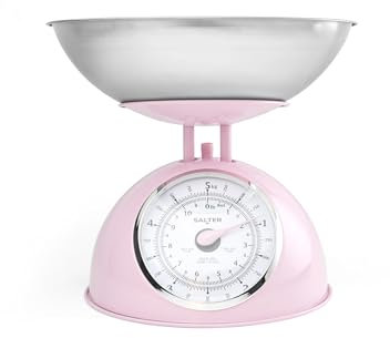 Salter Retro Pink Mechanical Kitchen Scale – Easy Read Large Rotating Dial, 5kg Capacity, Traditional Baking Scale, 1 Litre Dishwasher Safe Bowl, Analogue Food Scale, 22 cm Height, Classic Design