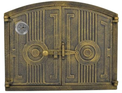 Gusseisen-Doppeltür für Steinofen & Pizzaofen – halbrunde Ofentür mit Türriegel, Gusstür für Holzbackofen, Brotofen & Gartenofen (Antikes Gold, mit einem Thermometer)
