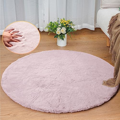 ORINOVA Pink Washable Fluffy Rugs for Bedroom Small Circle Faux Rabbit Shag Fur Area Rugs for Living Room Nursery Round Rug 90cm Rug
