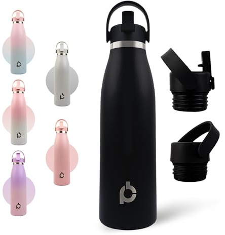 Positive Bottle® Insulated Stainless Steel Water Bottle 500ml/17oz | Leakproof Reusable Drinks Bottle with 2 Lids (Straw & Screw Top) | Cold 24H Hot 12H | Eco-Friendly Metal Bottle (Midnight Onyx)