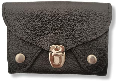 Petit Porte Monnaie Femme en Cuir veritable, 4 Compartiments, pour Carte Bleue, Monnaie, Billets (Noir)