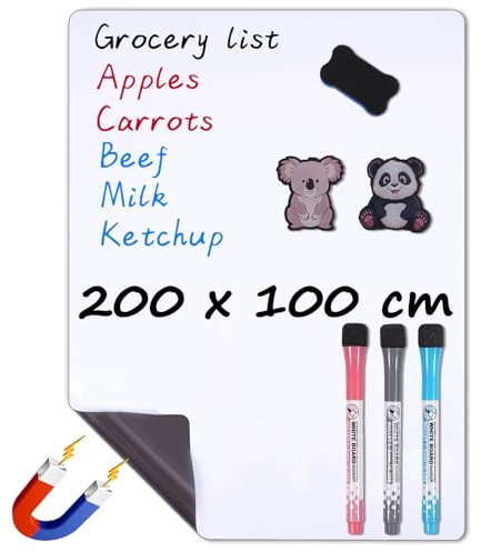 WIBOSOGA Magnetische Whiteboard-Folie für den Kühlschrank – 200 x 100 cm | kleine Magnettafel für die Küche, trocken abwischbar, schmutzabweisende Oberfläche, inkl. 3 Markern und 1 Radierer