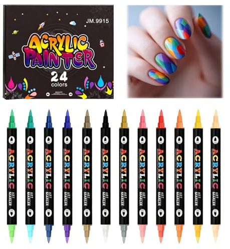 12pcs 24 Colors 3D Nail Art Pens Set, Dual Tip Nail Polish Pens 0.5mm Fine Tip & Brush Nail Graffiti Drawing Pen Quick Dry Waterproof Nail Art Markers Painting Manicure Tools DIY for Women Girls
