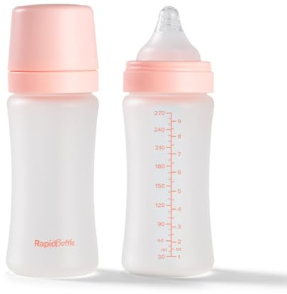 Nuby RapidBottle Lot de 2 biberons en verre anti-coliques avec revêtement en silicone et tétine semblable à la poitrine | Alimentation rapide | Sans microplastiques | Stérilisation rapide | 255 ml
