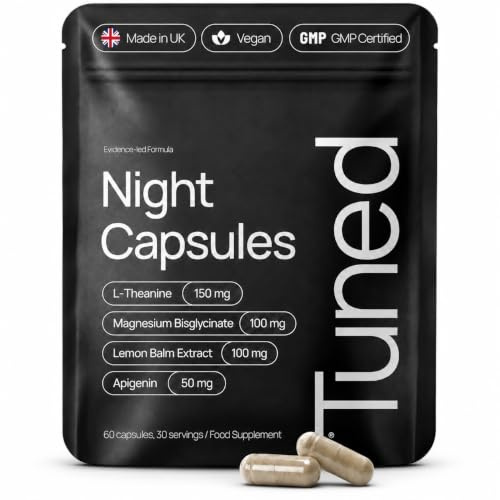 TUNED Night Capsules - Natural Sleep Supplement & Sleeping Aid for Adults with Magnesium Bisglycinate, L-Theanine & Apigenin - Non Melatonin Sleeping Tablets | UK Made GMP Certified