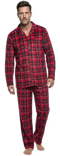 Henry Terre Herren Pyjama Kent Velour Schlafanzug Set M-3XL Baumwolle Hose & Langarm-Shirt Sportliches Karo Design
