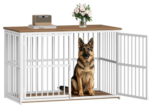 Fobyfurny Hundekäfig Möbel, Hundebox, 120x65x81 cm Vintagebraun und Weiß | Hundebox für Zuhause mit 3 Türen, Beistelltisch, Hundekäfig Hochbelastbar, Hundebox Holz Indoor für Großhunde FPDC013FWR1