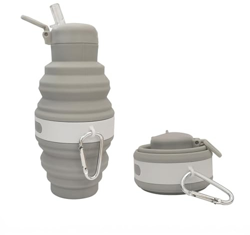 Embhlitfe Collapsible Water Bottle,Silicone Folding Water Bottles Foldable Water Bottle with Carabiner,Silicone Water Bottle for Women Men Sports Travel Hiking Camping Outdoor Activities (Grey)