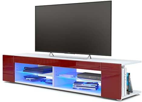 Vladon Buffet Bas Movie, Meuble TV avec 4 Compartiments Ouverts et placages décoratifs, Blanc Mat/Bordeaux Haute Brillance, éclairage LED Bleu Inclus (134 x 29 x 39 cm)