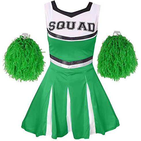 Cheerleader-Kostüm für Kinder – Mädchen Cheerleader Kostüm für Kinder mit Pompons – grüne Cheer-Uniform (10-12 Jahre)