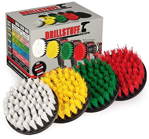 4in 4 Piece Soft, Medium and Stiff Power Scrubbing Brush Drill Attachment for Cleaning Showers, Tubs, Bathrooms, Tile, Grout, Carpet, Tires, Boats by DrillStuff