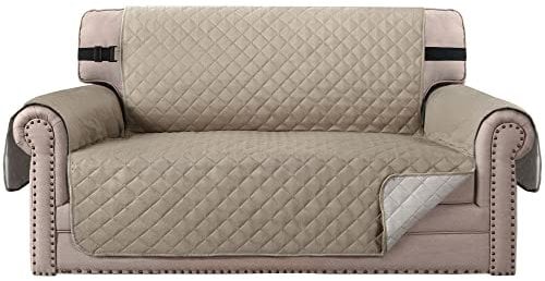 BellaHills Water Repellent Sofa Covers 2 Seater Sofa Protectors from Pets Cats Reversible Loveseat Couch Covers Non-Slip Furniture Slipcovers with Elastic Straps (Loveseat, Khaki/Beige)